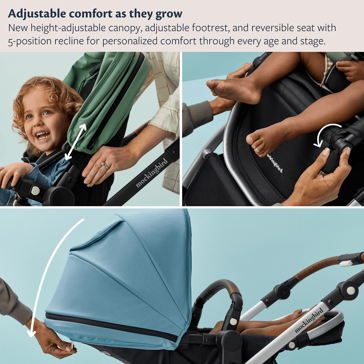 Mockingbird Single-to-Double Stroller 3 Point 0 - Birth to Toddler With Lie-Flat Bassinet and Forty Car Seat Adapters