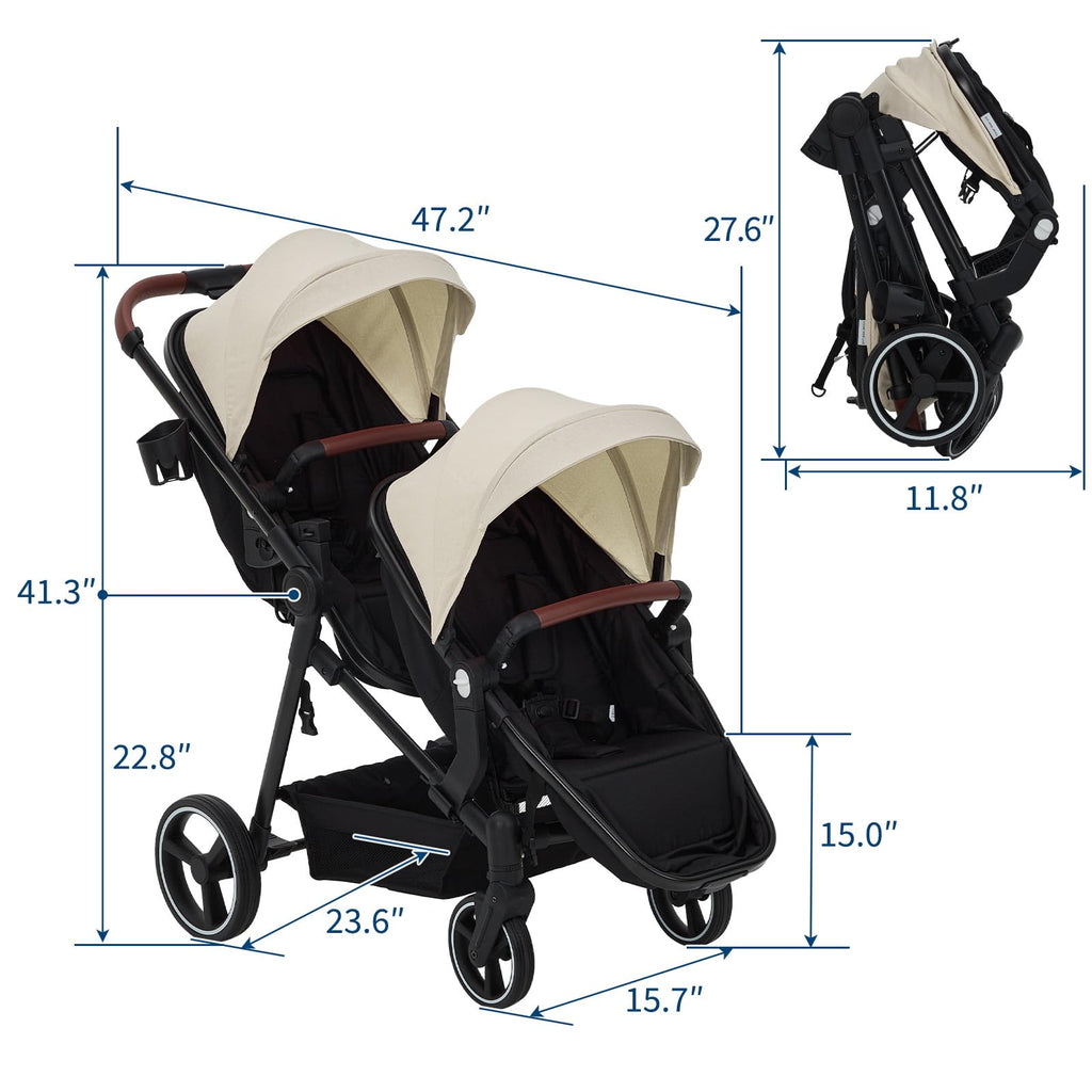 Dark grey tandem double stroller for newborn and toddler twins with reversible seats, adjustable canopy, and large storage basket.