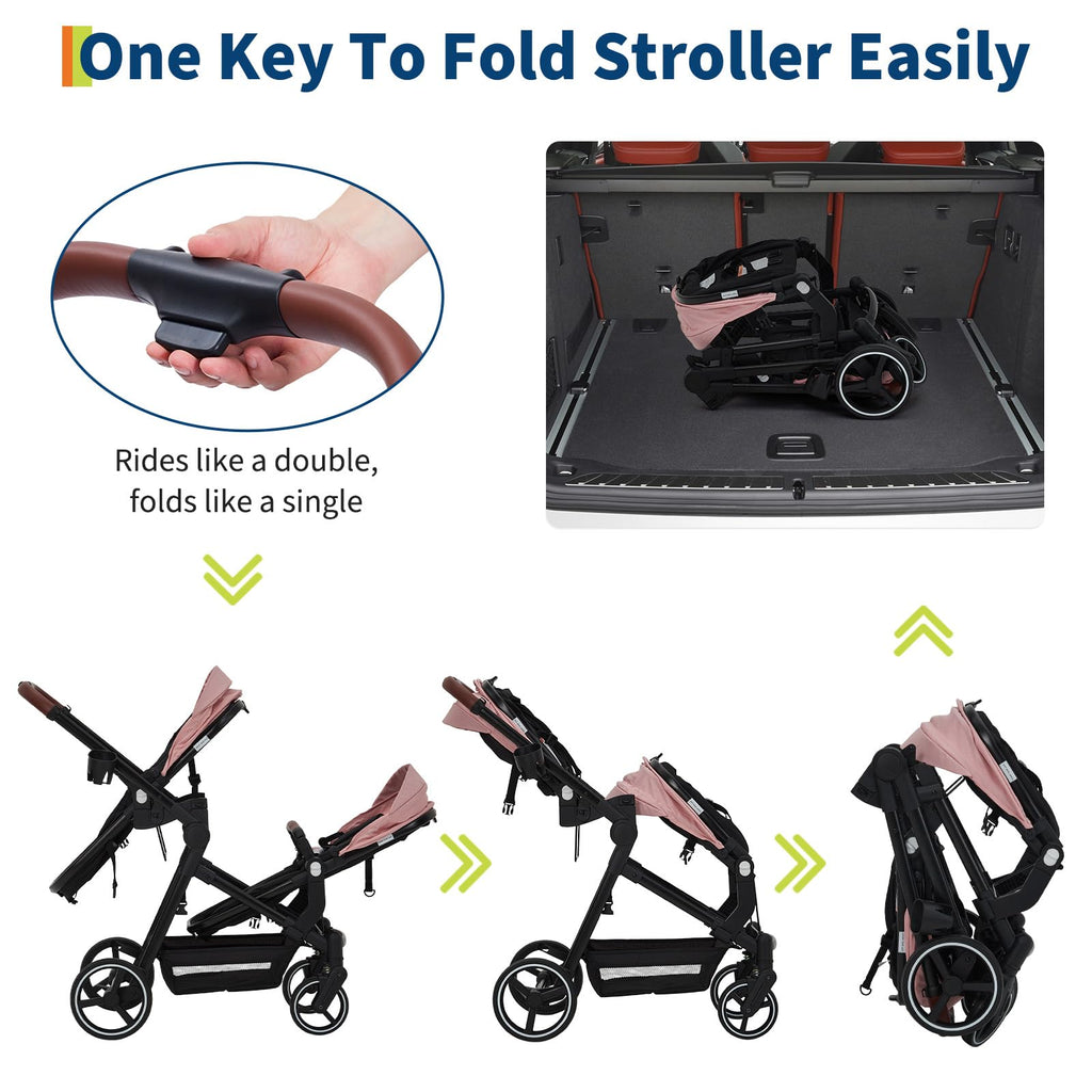 Dark grey tandem double stroller for twins with reversible seats, adjustable canopy, 5-point harness, large storage, and one-hand fold.