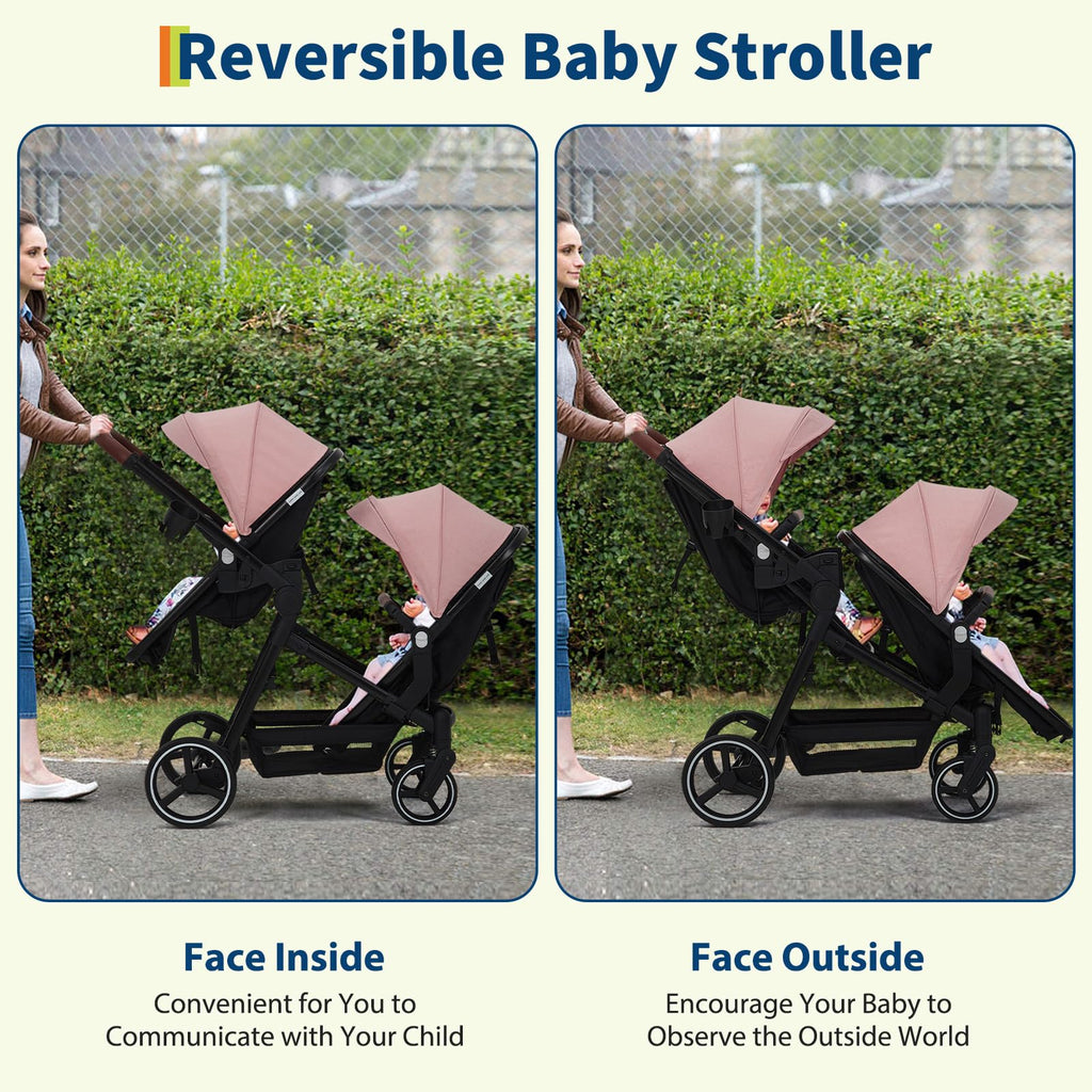 Dark grey tandem double stroller for newborn and toddler twins with reversible seats, adjustable canopy, 5-point harness, and large storage.
